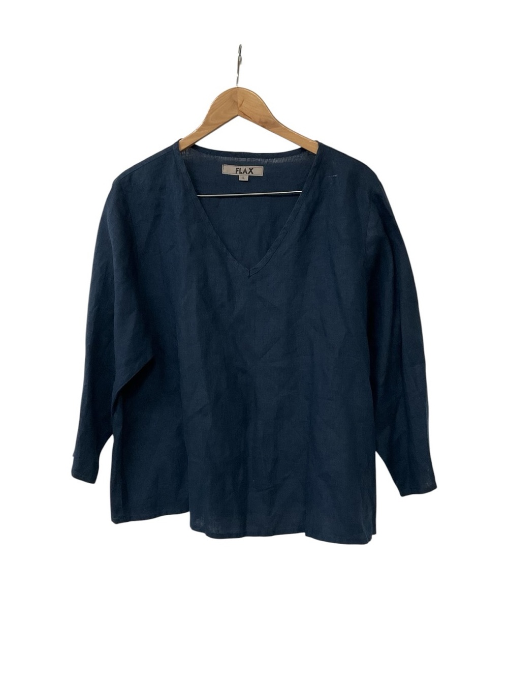 Flax Jeanne Engelhart Navy Blue Linen V Neck Top L